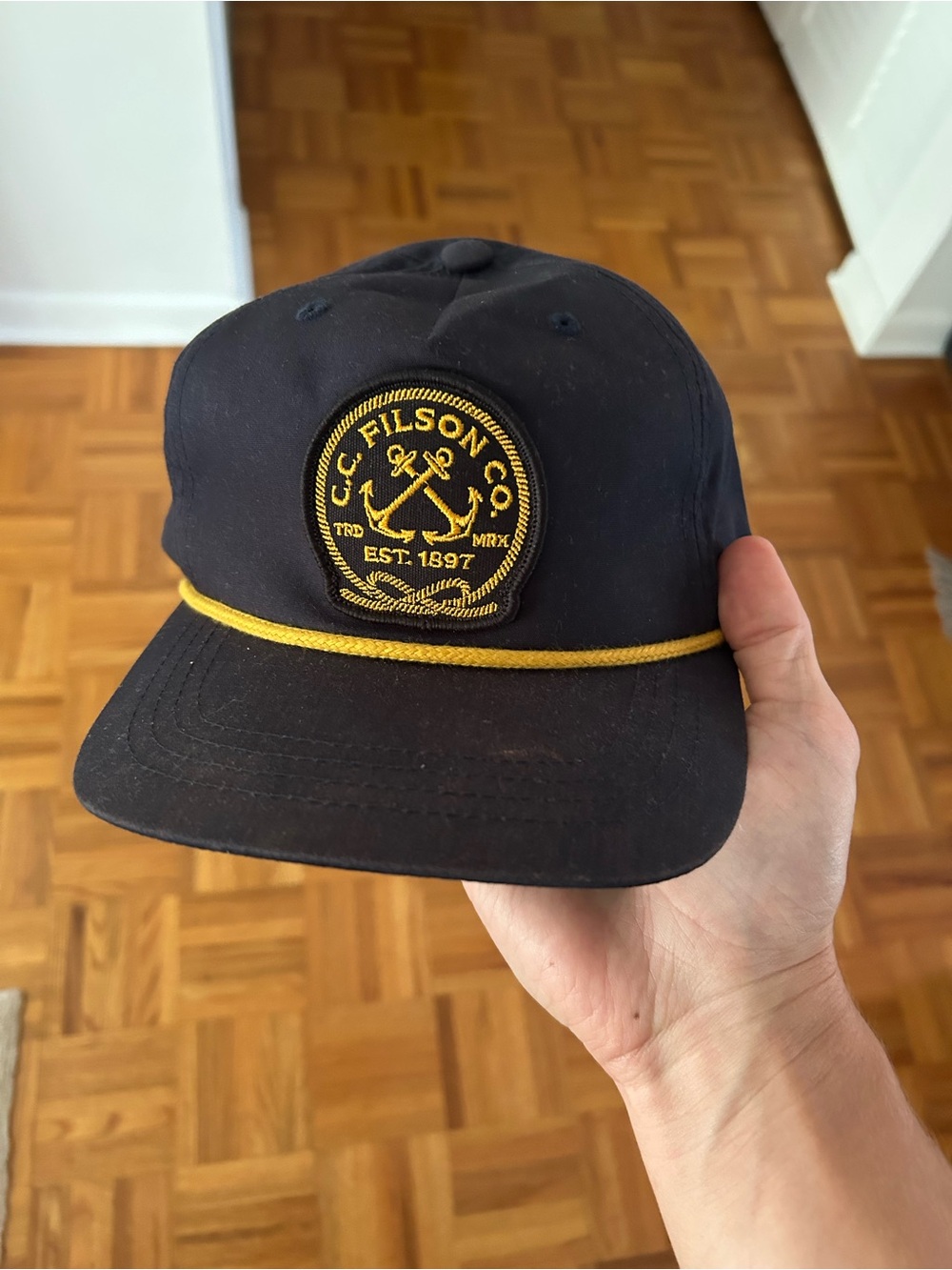 Filson Navy Cap with Yellow Rope and Anchor Patch